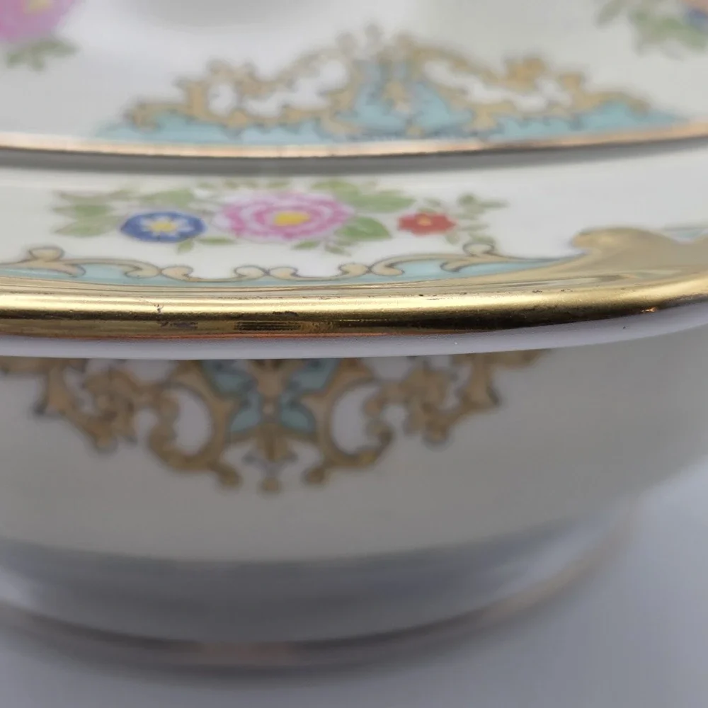 Vintage Meito Japan Yellow & Green Hand Painted Covered Soup / Casserole Dish